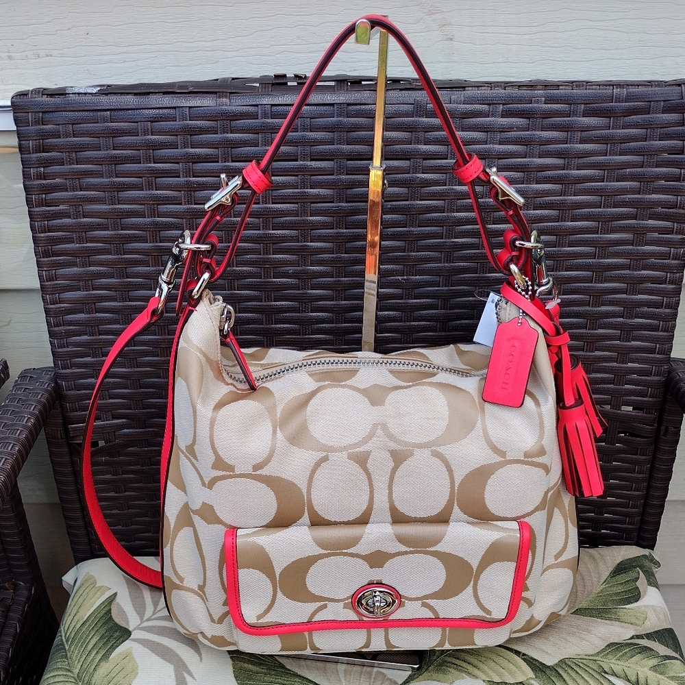 NWT Coach Legacy Signature Courtney Hobo Bag Khaki and Coral Style #22392